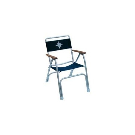 Chaise pliante aluminium brossé toile polyester bleue accoudoirs bois verni larg. 56 x prof. 65 x haut. 95 cm